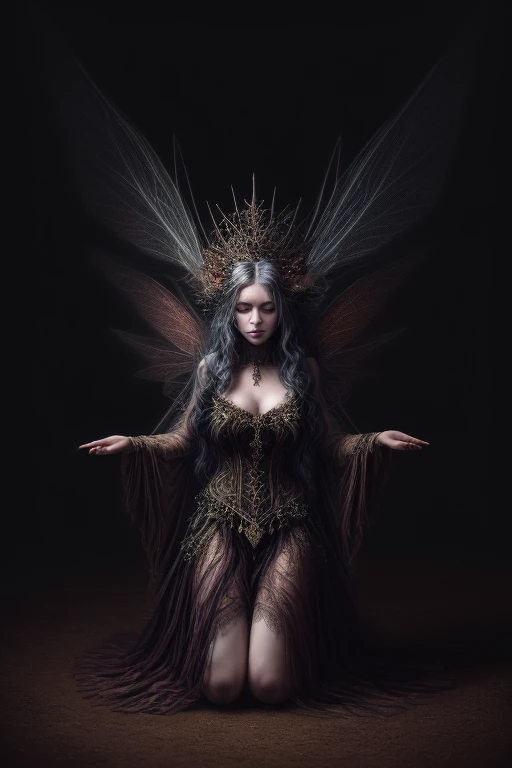 HighestQuali,tmasterpiece:1.2,Detailed details,Full body image of a beautiful forest witch in a decorative dress, Witch fashion, kneels on the ground,dynamicposes, fairy lights, Hyperrealistic, hyper-maximalist, insanely details, 4K