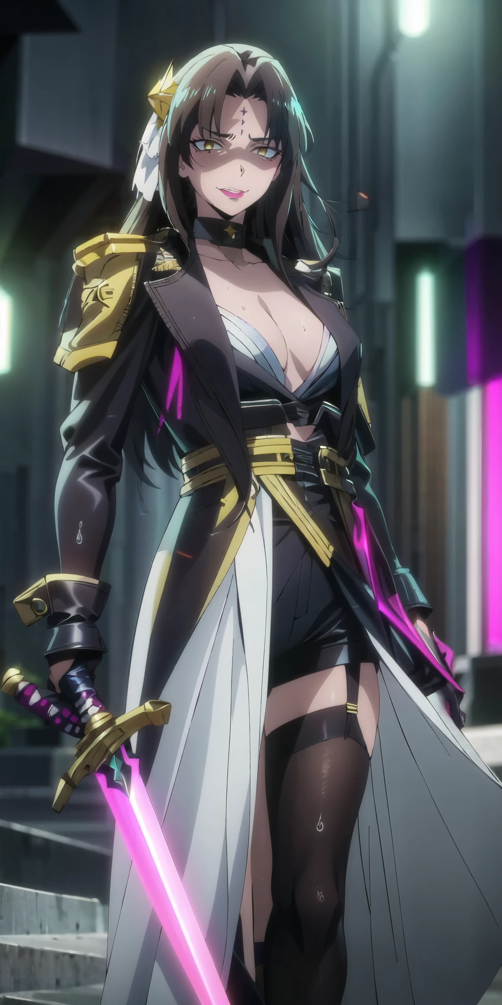 michiko_tanaka_mahoushoujoniakogarete, anime_style, (long hair, black hair:1.3), forehead, forehead mark, muscular female, anatomically correct, mature female, curvy, heavy breathing, huge breasts, 1girl, sword, holding, weapon, solo, gloves, holding_weapon, standing, holding_sword, thighhighs, black_legwear, looking_at_viewer, outdoors, long_sleeves, breasts, wide_sleeves, garter_straps, dual_wielding, coat, medium_breasts, night, black_capelet, white_jacket, blurry_background, black_shirt, black_skirt, open_coat, short_shorts, shorts, "glow effects, godrays, Hand drawn, render, 8k, octane render, cinema 4d, blender, dark, atmospheric 4k ultra detailed, cinematic, Sharp focus, big depth of field, Masterpiece, colors, 3d octane render, 4k, concept art, trending on artstation, hyperrealistic, Vivid colors, extremely detailed CG unity 8k wallpaper, trending on CGSociety, Intricate, High Detail, dramatic", anime coloring, anime screencap, sweating, steaming body, fog, holding sword, hair ornament, (shaded face:1.2), hollow eyes, yellow eyes, looking at viewer, heavy breathing, smirk, upper teeth, lips, forehead mark, makeup