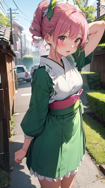 masterpiece、highest quality、Very detailed、Photograph the upper body、1 female、(Put your arms behind your back:1.4)、Are standing、Turn your body forward、View your viewers、(green Japanese kimono maid)、break,blush、shy、Pink Hair、Open your mouth、Japanese Restaurant、Big Breasts、