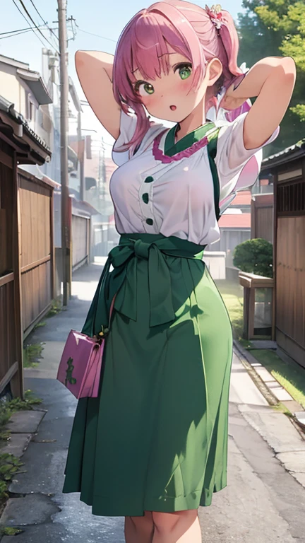 masterpiece、highest quality、Very detailed、Photograph the upper body、1 female、(Put your arms behind your back:1.4)、Are standing、Turn your body forward、View your viewers、(green Japanese kimono maid)、break,blush、shy、Pink Hair、Open your mouth、Japanese Restaurant、Big Breasts、