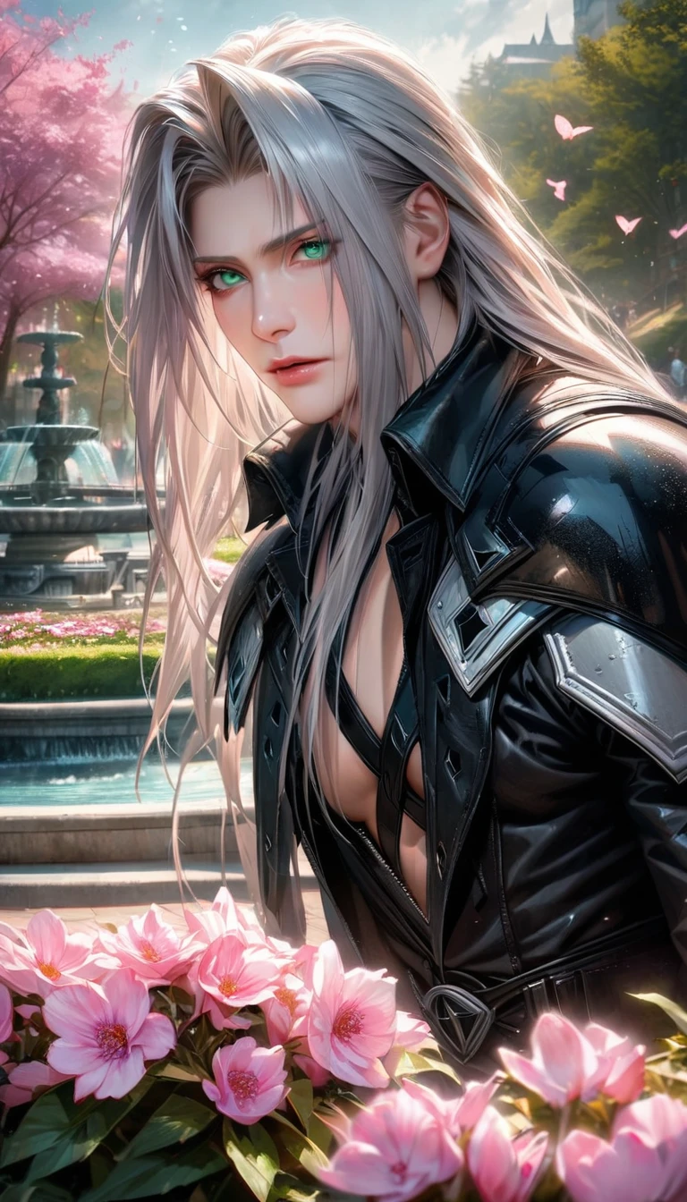 absurdres, highres, ultra detailed, HDR, master piece, ultra detailed picture, extremely detailed face and eyes, realistic face, Sephiroth, gray long hair, expressive green eyes, Final Fantasy VII remake, solo, man, handsome, black clothes, pink flowers, park, fountain, pink trees, pink butterflies