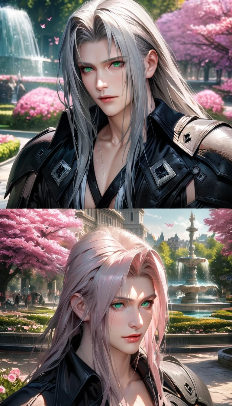 absurdres, highres, ultra detailed, HDR, master piece, ultra detailed picture, extremely detailed face and eyes, realistic face, Sephiroth, gray long hair, expressive green eyes, Final Fantasy VII remake, solo, man, handsome, black clothes, pink flowers, park, fountain, pink trees, pink butterflies