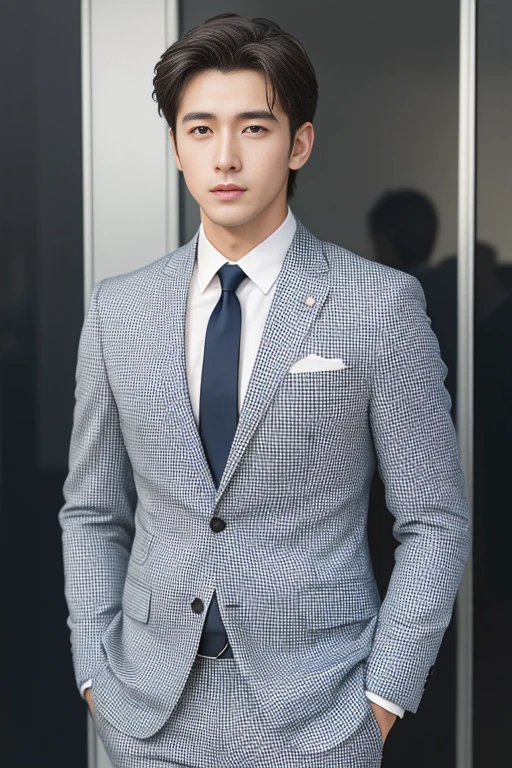 20-year-old refreshingly handsome new employee、（Super cool guy in a suit）、20 years old Japan man、1 person、businessman、Ultra-luxury suits、Striped suit、　s Office、Young handsome man standing in suit、（Highly detailed photos in 8K）、（Very detailed handsome man）、Photo Real）、（top-quality）、ultra-detailliert、​masterpiece、An ultra-high picture quality、tall、Very beautiful hair、Bright photo、Handsome like a model、Handsome like an idol、luxury watch、