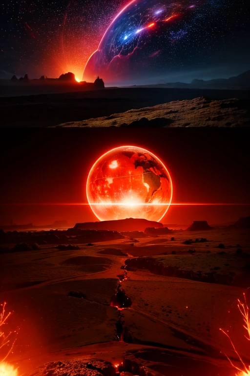 cybernetic earth with a red light inside, mechanized earth's crust, the earth sprouts lava, earth's mantle, hollow earth, vtm, the planet is warm with canyons, earthy, the stars and galaxy in the background