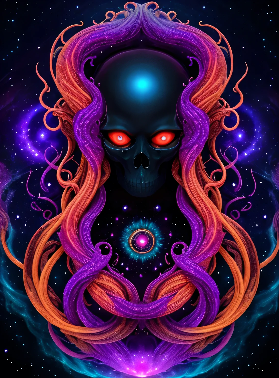 (best quality,highres,masterpiece:1.2),ultra-detailed,Skull with tentacle face, in space,alien creature,intricate patterns,dark and mysterious,cosmic colors,ethereal lighting,dim spaceship interior,ominous atmosphere,otherworldly,nebulae and stars,distant galaxies,creepy and surreal,phosphorescent tentacles,haunting presence,dimensions intertwining,mind-bending perspective,cosmic horror,nightmarish beauty,hypnotic gaze,awe-inspiring,unearthly energy,cosmic chaos and order,transcendent,pulsating with cosmic power,dark matter tendrils,intergalactic entity,evokes fear and fascination