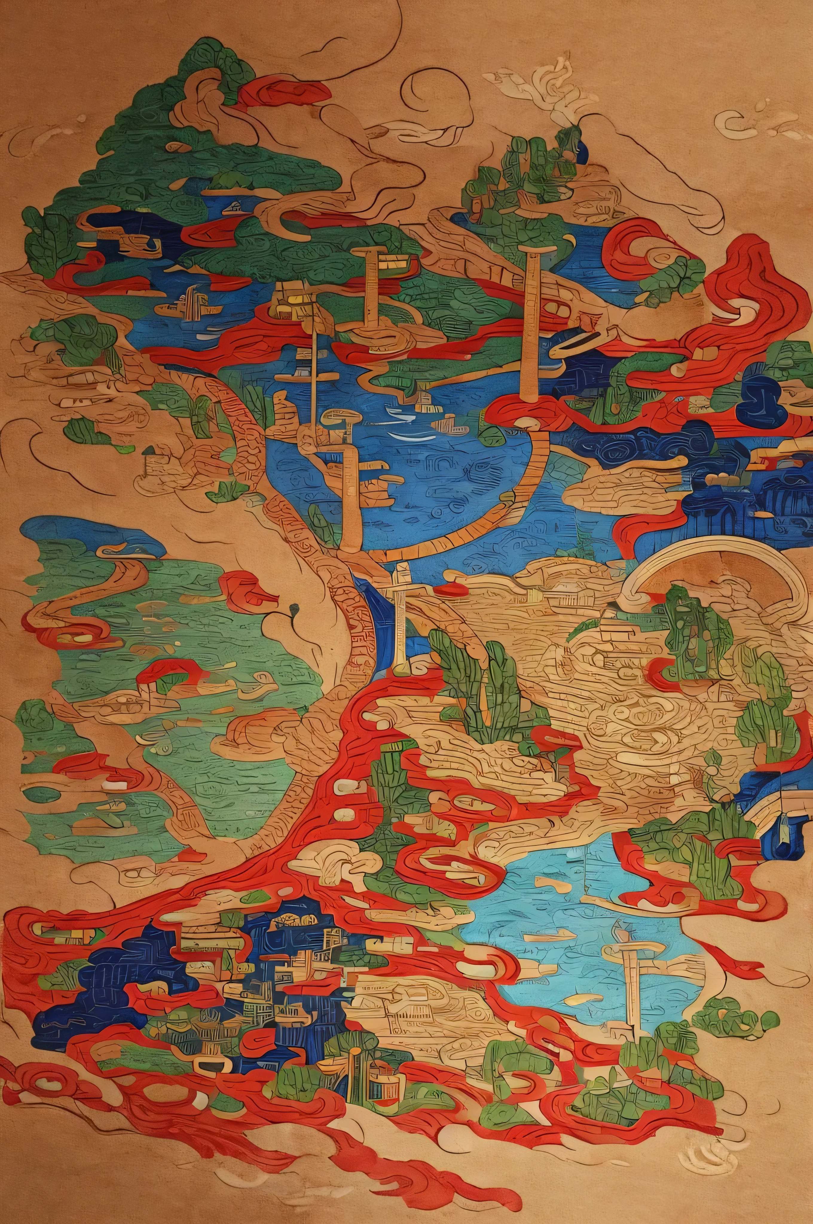 Add some elements of Han Dynasty clothing，，There can be some intangible cultural heritage elements from Hanzhong area，for example：Rattan、Paper Cutting、embroidery、wait。Generate a picture using some ethnic colors and elements。With acrylic、Watercolor painting，There must be a composition，color，No characters。
