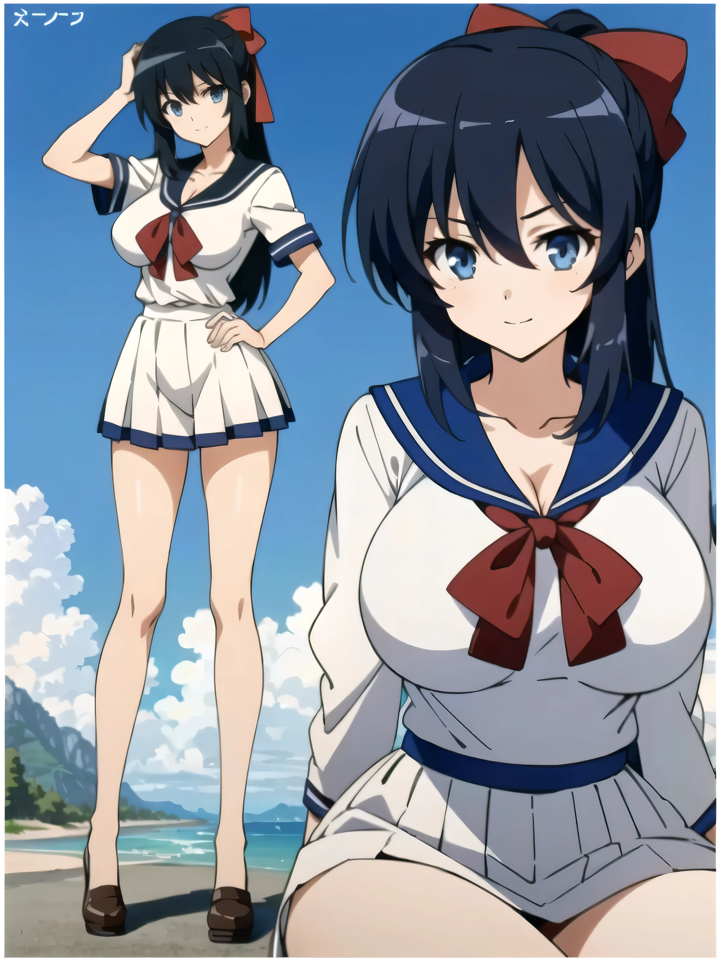 ((highest quality)), ((masterpiece)), (detailed), (16k high definition anime), Anatomically perfect body,Himari Noihara, 1girl,One girl、Perfect Face、Cute face、Beautiful Face、smile、Beautifully detailed eyes、blue eyes、Black Hair、Long Hair、ponytail、Red ribbon、(Large Breasts:1.5)、Beautiful cleavage、(sailor suit top), (Sailor skirt), Sometimes punch、Smooth body lines、Wide hips、Big ass、High Body、Beautiful long legs、Sitting、Get down on one knee、Beautiful pose、View your viewers、Classroom Background、Above-the-knee photos、