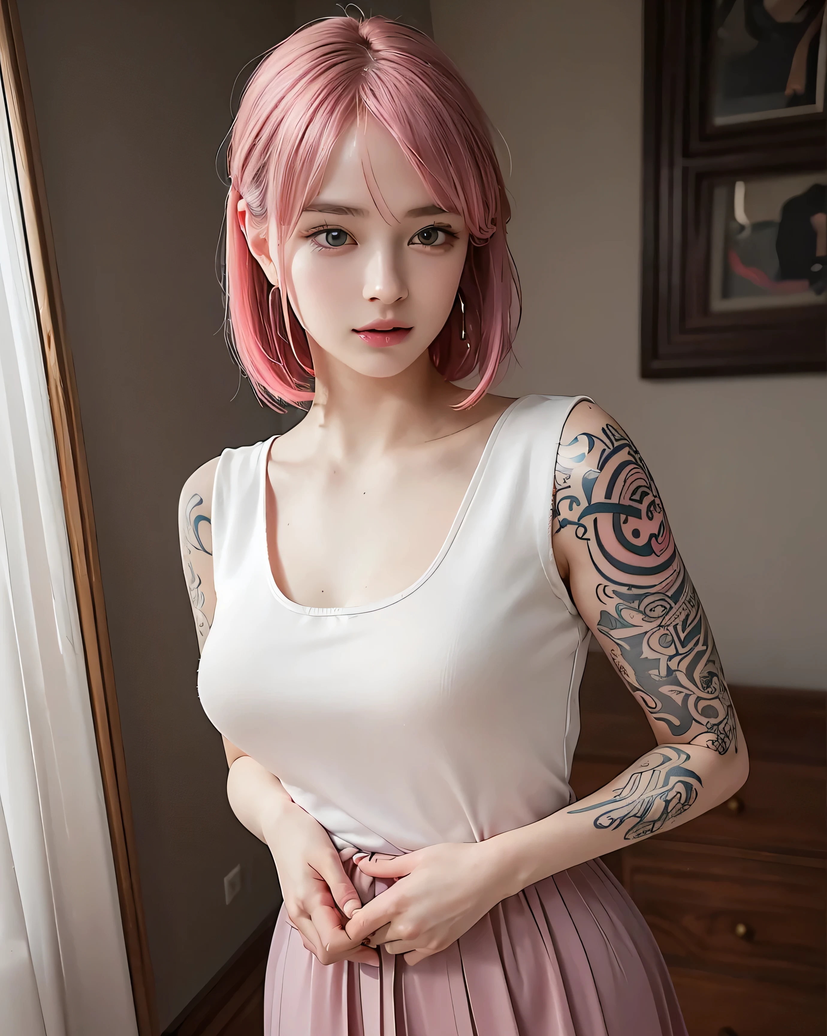 (Chest puffing pose),(Random Hairstyles),(Best image quality,(8k),Ultra-realistic,最high quality, high quality, High resolution, high quality,Attention to detail,Beautiful details,Fine details,Highly detailed CG,Detailed Texture,Realistic facial expressions,masterpiece,in front),Bodysuits,stockings,Pink Hair, ,, (((Tight waist))), ((Big Breasts)),(See-through),(((He has many tattoos all over his body)),