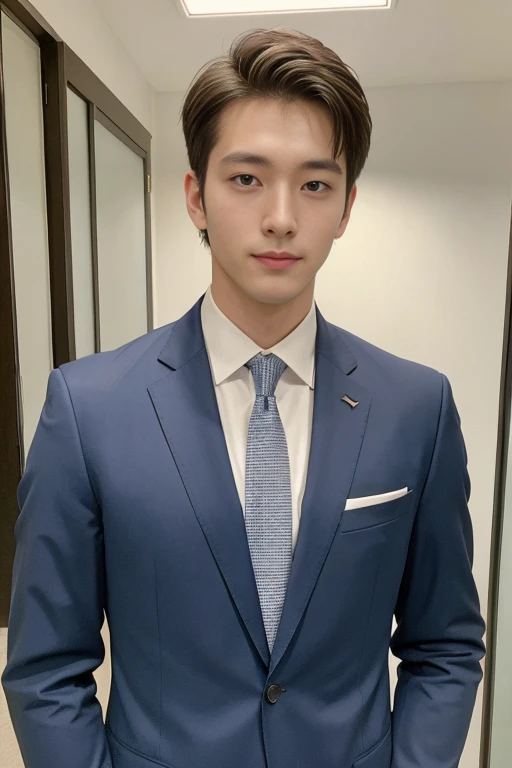 20-year-old refreshingly handsome new employee、(Super cool guy in a suit)、20 years old Japan man、1 person、businessman、Ultra-luxury suits、Striped suit、 s Office、Young handsome man standing in suit、(Highly detailed photos in 8K)、(Very detailed handsome man)、Photo Real)、(top-quality)、ultra-detailliert、masterpiece、An ultra-high picture quality、tall、Very beautiful hair、Bright photo、Handsome like a model、Handsome like an idol、luxury watch、