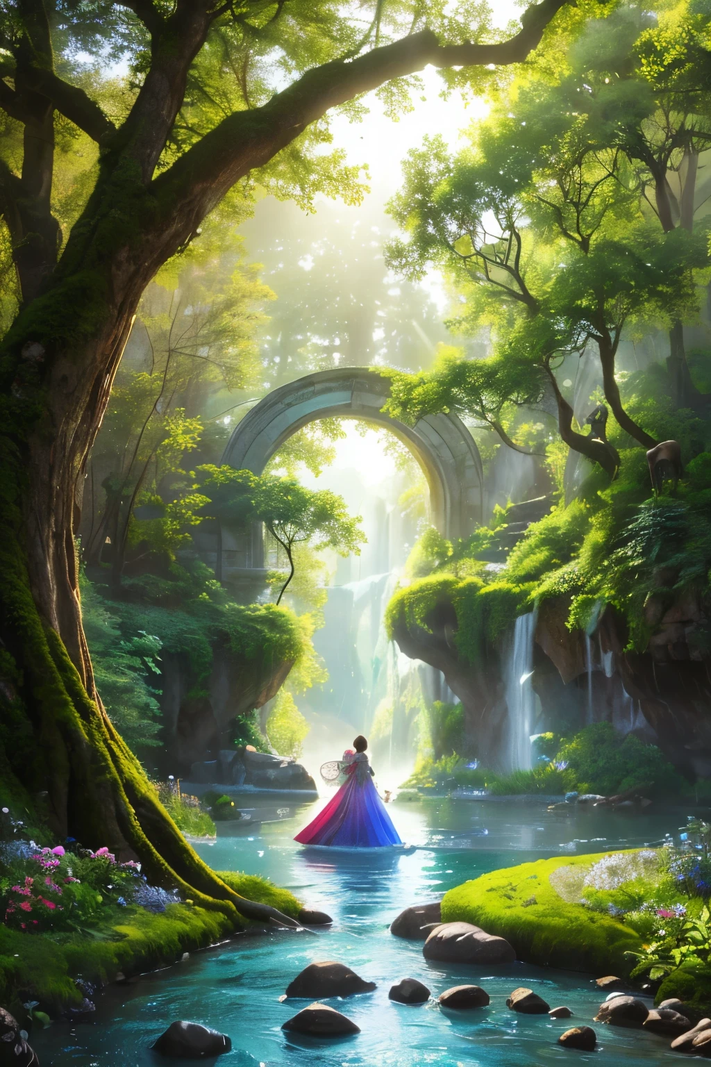 (best quality,4k,8k,highres,masterpiece:1.2),ultra-detailed,(realistic,photorealistic,photo-realistic:1.37),enchanted entrance,large wooden door,beautifully carved,ornate golden handle,majestic entrance,glistening in the sunlight,magical light spilling out,overgrown with vibrant flowers and ivy,sparkling fairy dust floating in the air,mysterious mist swirling around,enchanted forest in the background,with towering ancient trees and colorful flora,magical creatures frolicking in the scene,sparkling river flowing nearby,bridged by an arch of rainbow,happy and curious children exploring this magical world,with wonder and excitement in their eyes.
