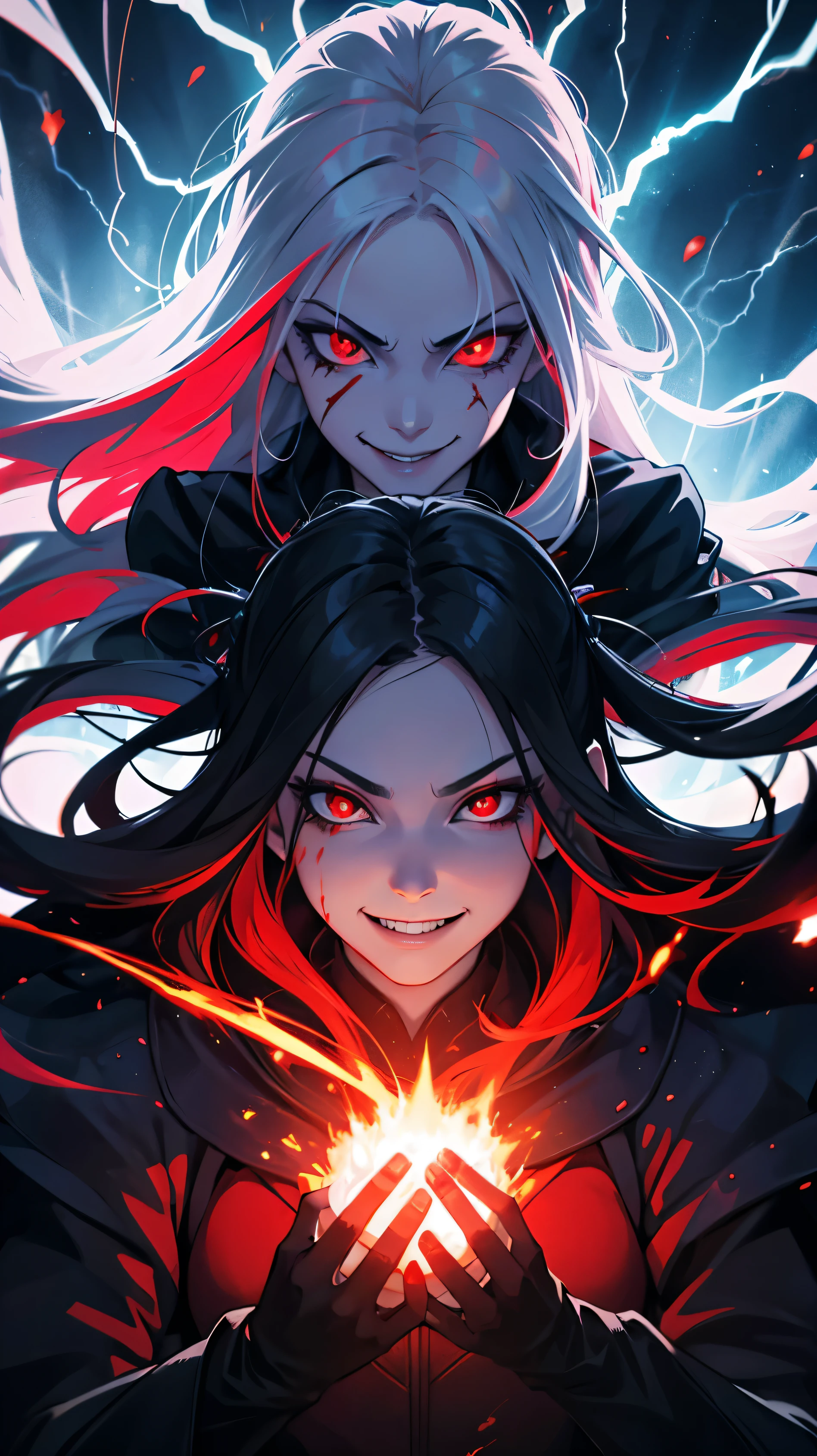 1girl, flying hair, red eyes, fire witch, blood on face, light particles, lightning rays, wallpaper, colorful, high contrast, vampire, smirk, evil smile, psychopathic smirk, psychopathic smile, tilted head