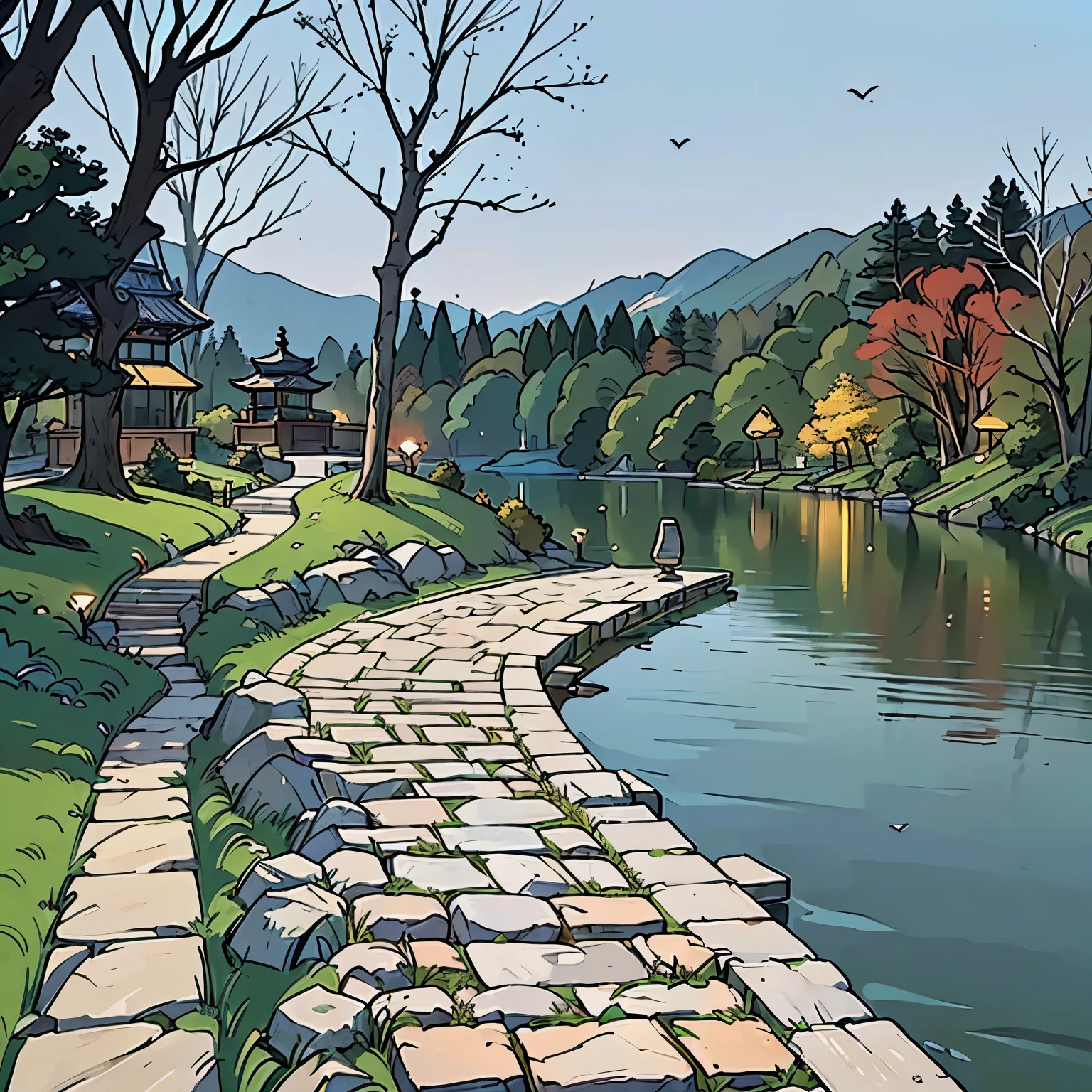 There is a stone path leading to a lake with a bench, In the park and by the lake, parks and lakes, stepping stones, 天然Stone Road, Beautiful images, Terraced orchards and ponds, qiangshu, Stone Road, Park View, Stone Road, Shangye Park, mini lake, Landscape Architecture Photos, royal garden landscape, gujian