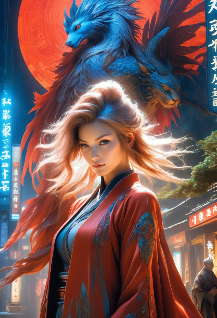 best quality,4k,8k,highres,masterpiece:1.2,ultra-detailed,realistic:1.37,HDR,UHD,studio lighting,ultra-fine painting,sharp focus,physically-based rendering,(Yoshitaka Amano style:1.1),SFW,(safe for work), A nordic woman and her guardian familiar, mystical creature,otherworldly creature,enchanting companions,wearing stylish futuristic clothes,inspired by Phantasy Star Online,wide angle, dynamic poses, (The woman, with her eyes brightly colored, no makeup and her nordic facial features elegantly detailed, adding to her allure. Dressed in elegant casual clothes with a stylish futuristic jacket.), (She is accompanied by a guardian, a Raijin and Fujin mixed creature with exquisite appearance features resembling a Persona. The creature's presence adds a sense of wonder and magic to the scene.), (The woman and her companion stand in a dark and gothic city, a modern metropolis with surreal plants, and vibrant signs. The colors are vibrant, with a mixture of olives, browns, and pale reds creating a dreamlike atmosphere.), (The lighting is soft but illuminating, casting a gentle glow on both the woman and the creature.), (The overall composition has a realistic and photorealistic quality, capturing the essence of the scene in intricate detail.), (The art style is inspired by Yoshitaka Amano, known for his ethereal and otherworldly illustrations. The combination of realistic elements with the artist's unique style creates a captivating and visually stunning image.),Greg Rutkowski