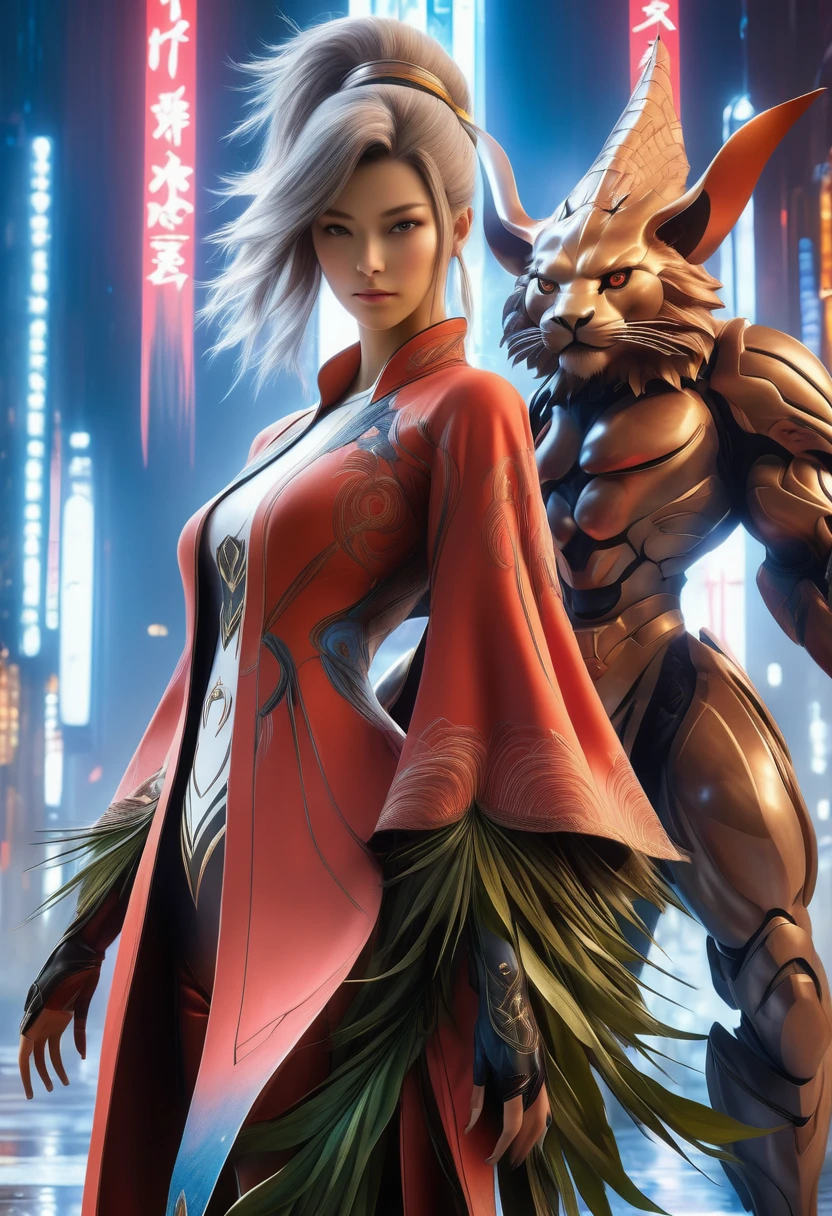 best quality,4k,8k,highres,masterpiece:1.2,ultra-detailed,realistic:1.37,HDR,UHD,studio lighting,ultra-fine painting,sharp focus,physically-based rendering,(Yoshitaka Amano style:1.1),SFW,(safe for work), A nordic woman and her guardian familiar, mystical creature,otherworldly creature,enchanting companions,wearing stylish futuristic clothes,inspired by Phantasy Star Online,wide angle, dynamic poses, (The woman, with her eyes brightly colored, no makeup and her nordic facial features elegantly detailed, adding to her allure. Dressed in elegant casual clothes with a stylish futuristic jacket.), (She is accompanied by a guardian, a Raijin and Fujin mixed creature with exquisite appearance features resembling a Persona. The creature's presence adds a sense of wonder and magic to the scene.), (The woman and her companion stand in a dark and gothic city, a modern metropolis with surreal plants, and vibrant signs. The colors are vibrant, with a mixture of olives, browns, and pale reds creating a dreamlike atmosphere.), (The lighting is soft but illuminating, casting a gentle glow on both the woman and the creature.), (The overall composition has a realistic and photorealistic quality, capturing the essence of the scene in intricate detail.), (The art style is inspired by Yoshitaka Amano, known for his ethereal and otherworldly illustrations. The combination of realistic elements with the artist's unique style creates a captivating and visually stunning image.),Greg Rutkowski