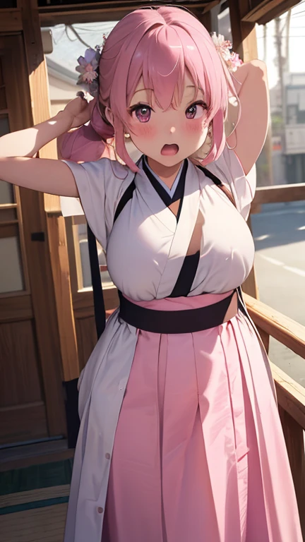 masterpiece、highest quality、Very detailed、Photograph the upper body、1 female、(Put your arms behind your back:1.4)、Are standing、Turn your body forward、View your viewers、(samurai costume)、break,blush、shy、Pink Hair、Open your mouth、In town、Big Breasts、