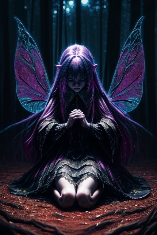 HighestQuali,tmasterpiece:1.2,Detailed details,Full body image of a beautiful forest witch in a decorative dress, Witch fashion, kneels on the ground,dynamicposes, fairy lights, Hyperrealistic, hyper-maximalist, insanely details, 4K