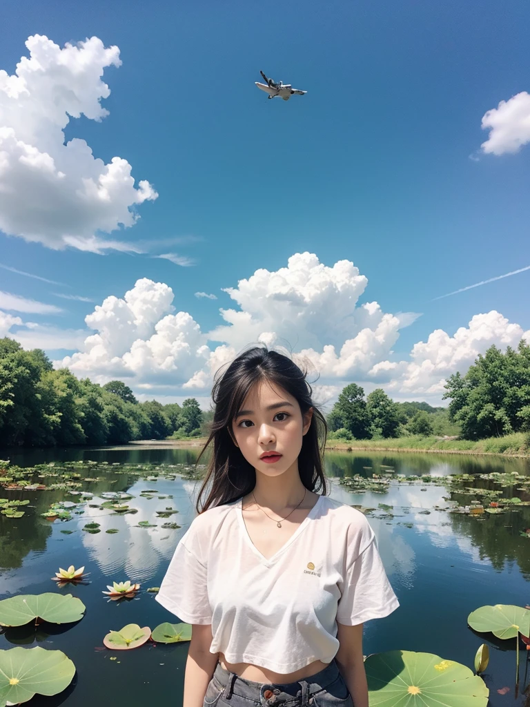Vast landscape photo, (from below, the sky above), a girl, characters account for 0.6, summer countryside, lotus pond, lotus flowers, cool clothes, skin sweat, (solo: 1.2)