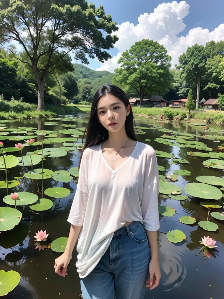 Vast landscape photo, (from below, the sky above), a girl, characters account for 0.6, summer countryside, lotus pond, lotus flowers, cool clothes, skin sweat, (solo: 1.2)