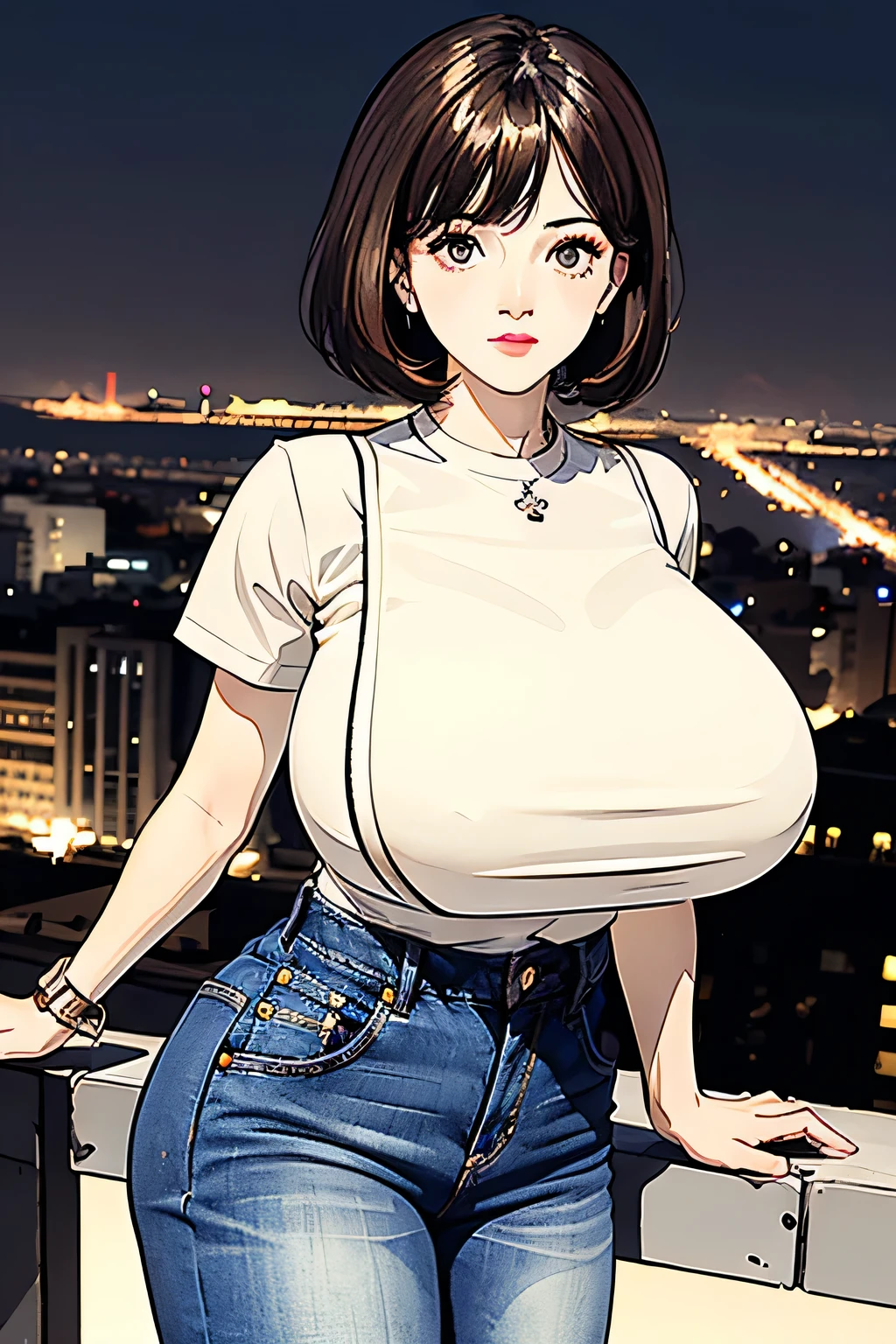 ((mid night、top-quality、8k、masterpiece:1.3)), full bodyesbian, long legged, sharp focus:1.2, Beautiful woman with perfect body shape:1.4, Slender Abs:1.1, ((dark brown hair、huge tit:1.2)), (White tight t-shirt、Jean Bib, is standing:1.2), ((Night City View、On the rooftop:1.3)), Highly detailed facial and skin texture, A detailed eye, double eyelid,short-cut