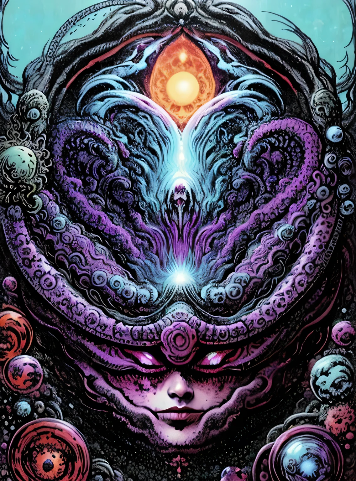 (best quality,highres,masterpiece:1.2),ultra-detailed,Skull with tentacle face, in space,alien creature,intricate patterns,dark and mysterious,cosmic colors,ethereal lighting,dim spaceship interior,ominous atmosphere,otherworldly,nebulae and stars,distant galaxies,creepy and surreal,phosphorescent tentacles,haunting presence,dimensions intertwining,mind-bending perspective,cosmic horror,nightmarish beauty,hypnotic gaze,awe-inspiring,unearthly energy,cosmic chaos and order,transcendent,pulsating with cosmic power,dark matter tendrils,intergalactic entity,evokes fear and fascination