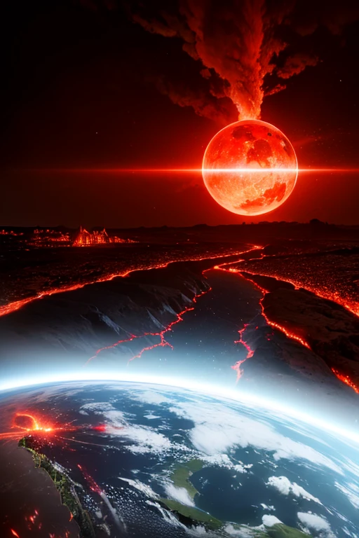 cybernetic earth with a red light inside, scientific earth crust, the earth sprouts lava, earth's red mantle is visible, hollow earth, vtm, canyons and ridges all across earth, a mechanized life form stands vicotrious 