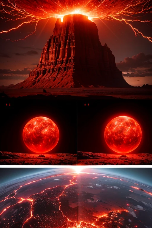 cybernetic earth with a red light inside, scientific earth crust, the earth sprouts lava, earth's red mantle is visible, hollow earth, vtm, canyons and ridges all across earth, a mechanized life form stands vicotrious