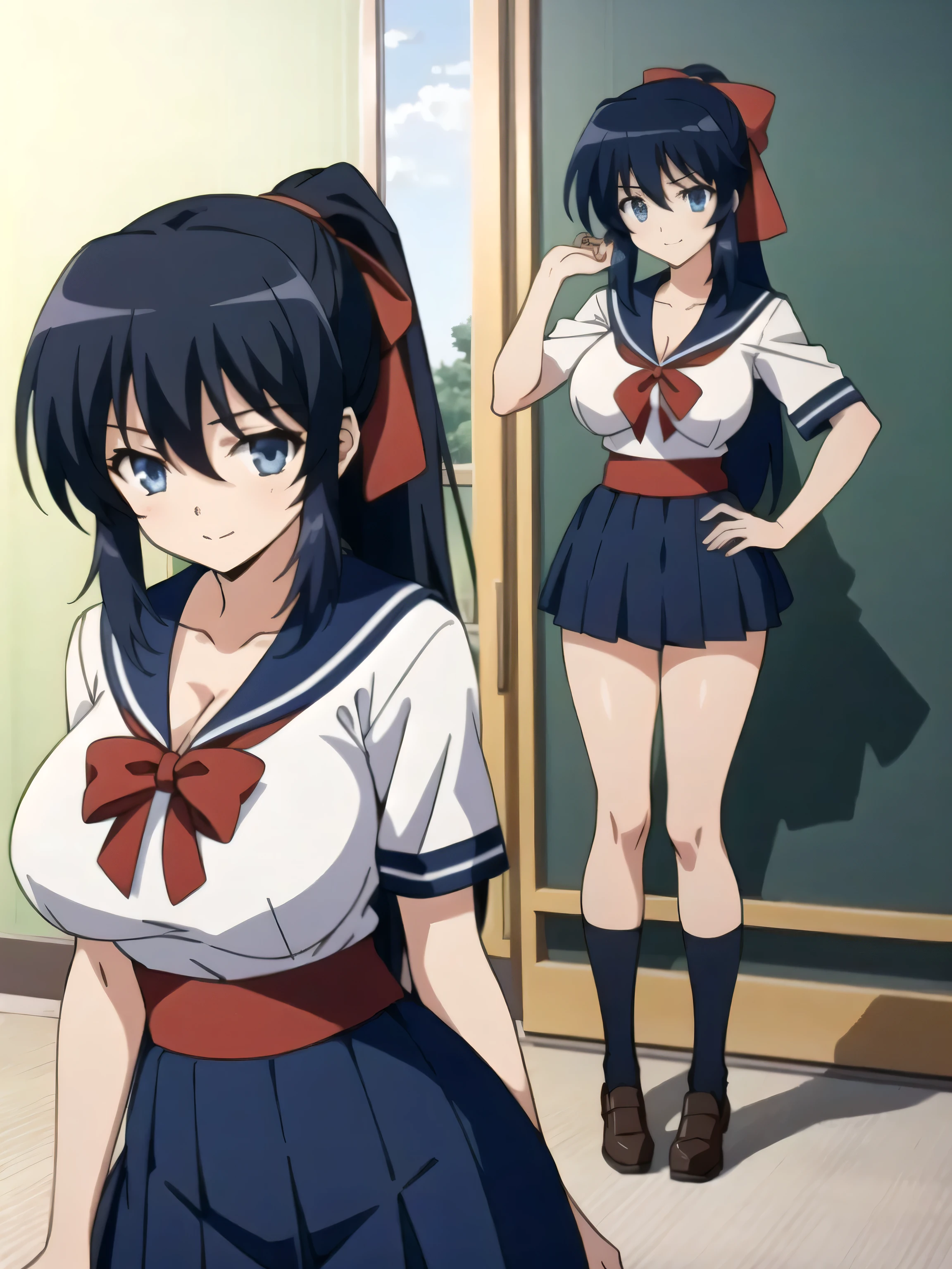 (Masterpiece Anime, Retro art style, Clean brush strokes, Very detailed, high resolution, 8k, Perfect Anatomy, Browsing Caution), indoor, living room, sofa, (Above the knee shot), (Himari Noihara,), 1Girl, Eyebrows visible through hair, bangs, Black Hair, Long Hair, ponytail, Cat ear, Purple eyes, (Sansakumaru:1.4), (Beautiful and realistic eyes:1.5), Confident々Smile, High Body, Long and beautiful legs, (Large Breasts:1.5), Cleavage,(Cute pose), (Sailor suit top), (Sailor suit miniskirt, Navy blue), Panties are sometimes visible,
