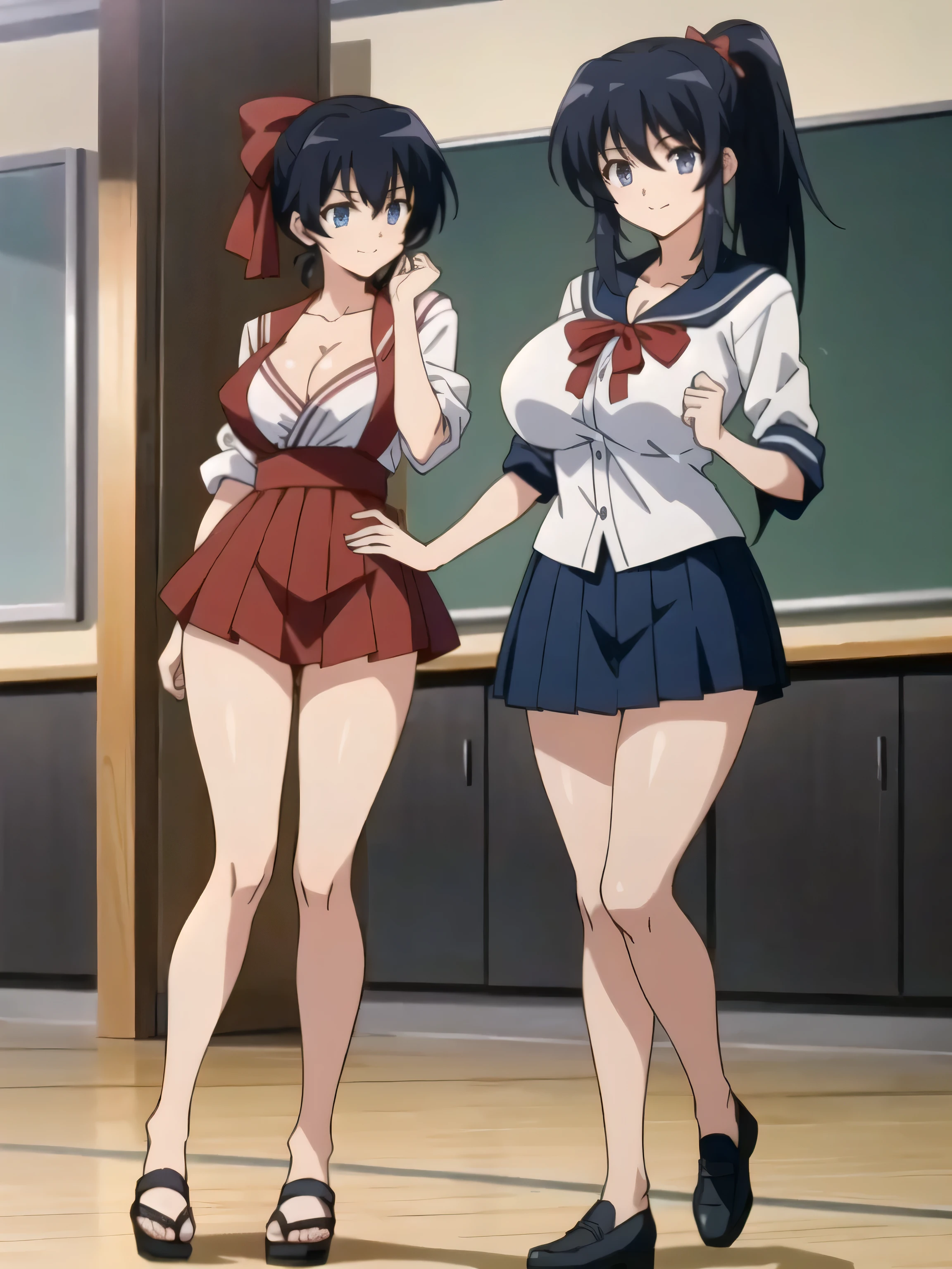 ((highest quality)), ((masterpiece)), (detailed), (16k high definition anime), Anatomically perfect body,Himari Noihara, 1girl,One girl、Perfect Face、Cute face、Beautiful Face、smile、Beautifully detailed eyes、blue eyes、Black Hair、Long Hair、ponytail、Red ribbon、(Large Breasts:1.5)、Beautiful cleavage、(sailor suit top、Short length), Beautiful cleavage、He holds a Japanese sword in his chest、(Sailor skirt), Sometimes punch、Smooth body lines、Wide hips、Big ass、High Body、Beautiful long legs、Sitting、Get down on one knee、Beautiful pose、View your viewers、Classroom Background、Above-the-knee photos、