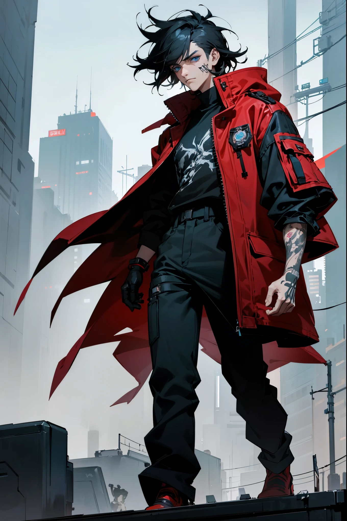 1male, black hair, blue eyes, messy hair, cyberpunk face implant, neck and arm tattoos, modern clothing, red overcoat, black baggy pants, city background, walking on path, detailed background, detailed face, expressionless