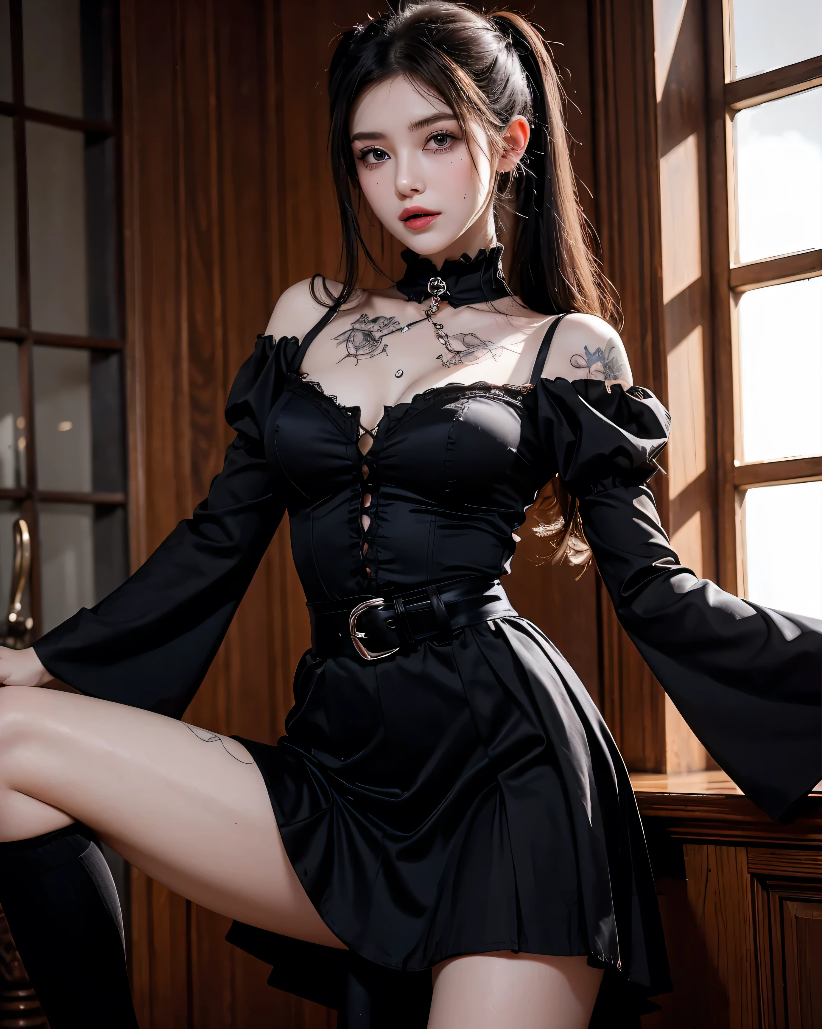 Female vampire　Full-body strap black dress　Black choker　Black Cape　Black headband