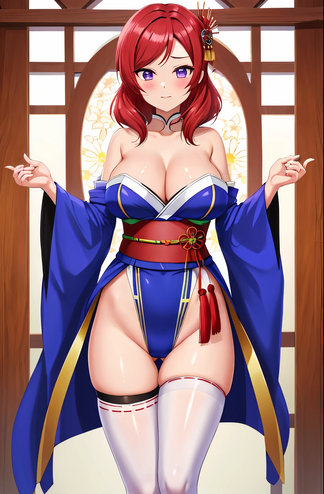 (​best quality,highres,masterpiece),Nishikino maki, purple eyes,breasts, looking_at_viewer, blush, bangs, large_breasts, strapless ,hair_ornament, thighhighs, flower, heart, thighs, cowboy_shot, white japanese_clothes, shiny, white_thighhighs, leotard, fingernails, shiny_skin, sash, tattoo, skindentation, highleg, thick_thighs, obi, ribbon_trim, highleg_leotard, legs_together, ribbon-trimmed_legwear, obijime, tomoe_(symbol), mitsudomoe_(shape)