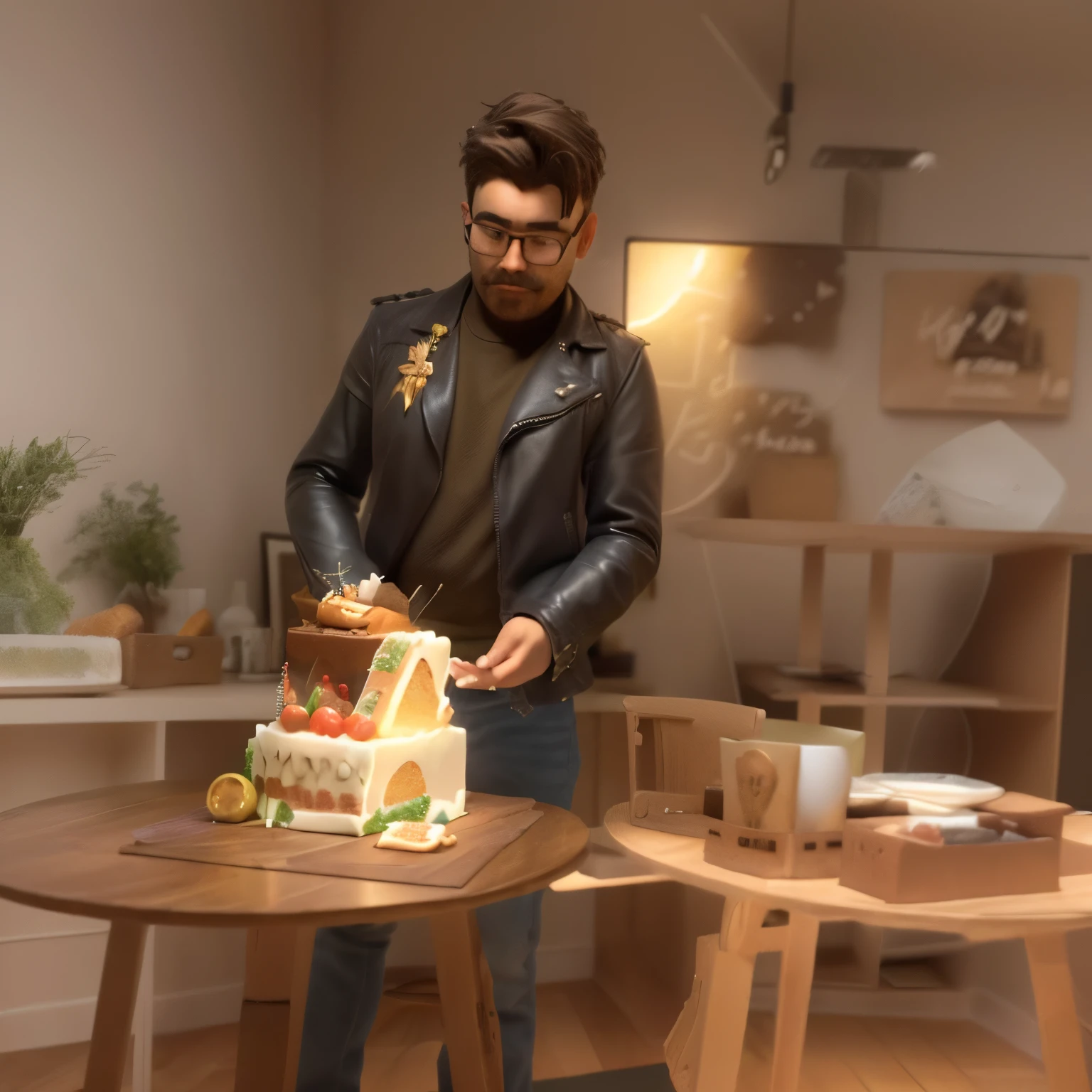 A man standing in front of a table，Holding a piece of cake in his hand，3D，best quality，masterpiece