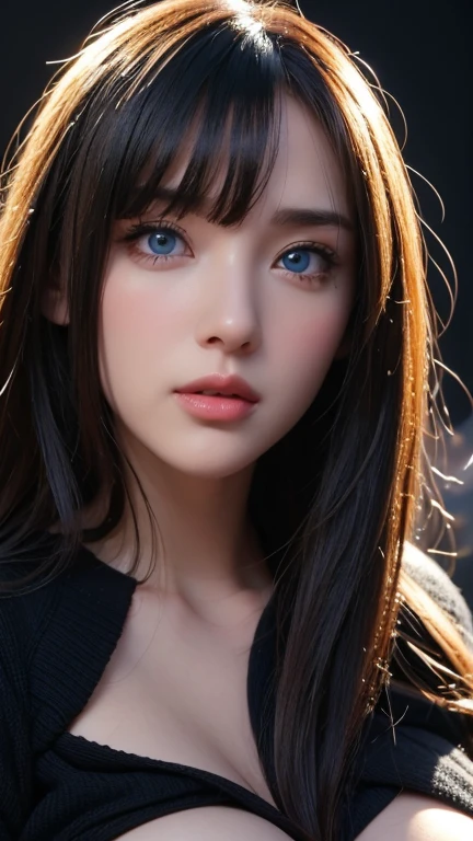 masterpiece, best quality, ultra-detailed, intricately detailed hyperdetailed, realistic, sharp features, highly detailed, sharp focus, perfect face, perfect face, perfect symmetrically perfect eyes, perfect full lips, flexible female form, cinematic, film light, hyper detailed, hyper realistic, high resolution, vibrant, dynamic studio lighting, nsfw, ((Dark background)), Sexy face, Facial expressions when receiving pleasure, straight Bangs, Big breasts, Exposed cleavage, blue Eyes,black sweater, cowboy shot,