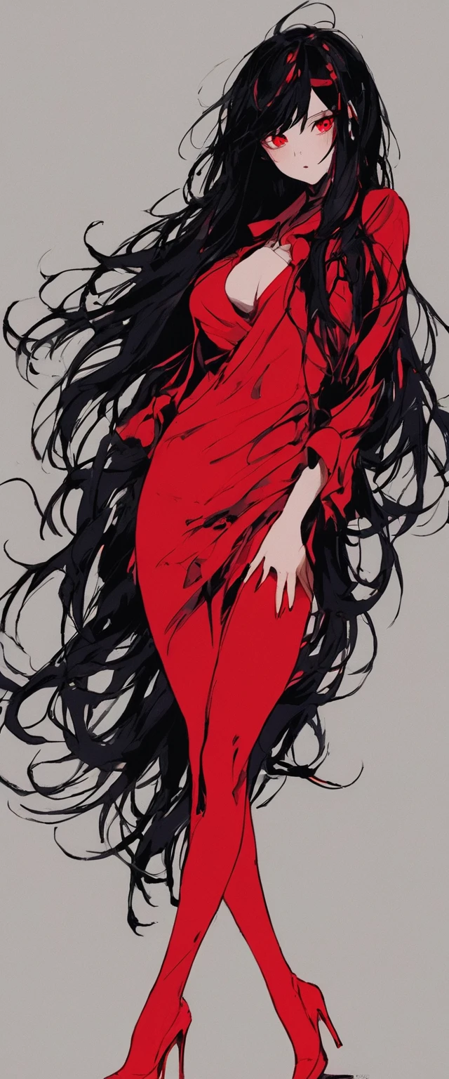 Una chica de cabello negro largo suelto, crimson red eyes. Labial rojo intenso, sombra de ojos roja , Cuerpo completo pechos muy grandes demonio, cuerpo completo completo desnuda bailando , cuerpo completo , pechos grandes , con escote destapado , cuerpo completo , Pecos muy grandes fuera de la camisa , cuerpo completo, zapatos altos
