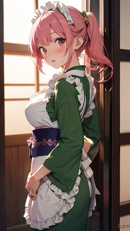 masterpiece、highest quality、Very detailed、Photograph the upper body、1 female、(Put your arms behind your back:1.4)、Are standing、Turn your body forward、View your viewers、(green Japanese kimono maid,apron)、break,blush、shy、Pink Hair、Open your mouth、Japanese Restaurant、Big Breasts、