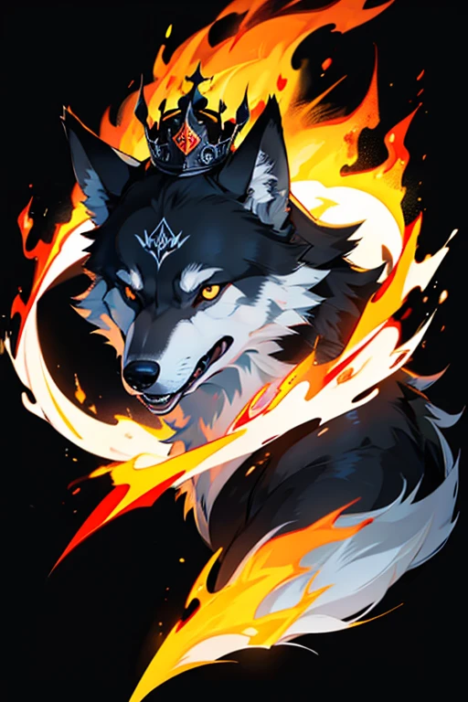 Wolf, black background, on fire,wearing a crown,logo