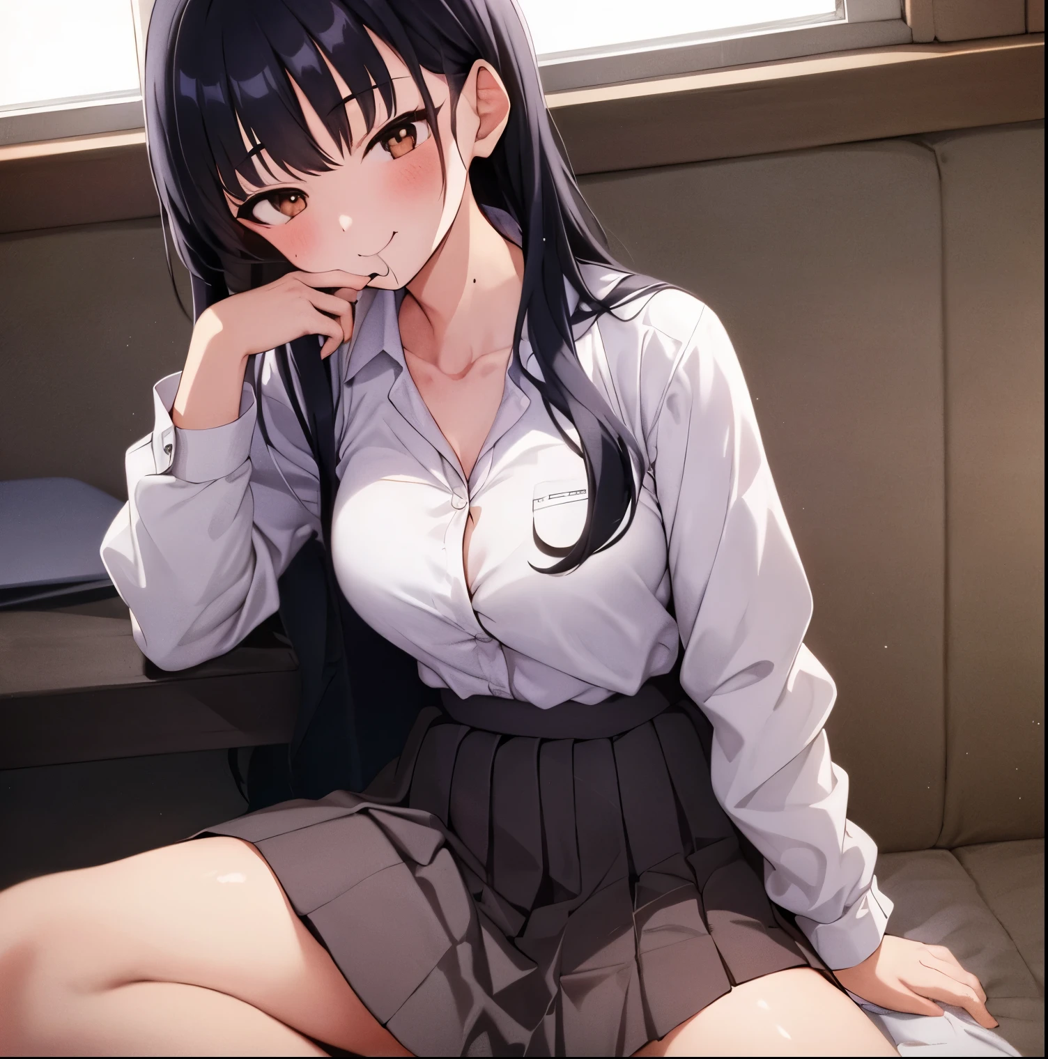 1girl, alone, Anna Yamada,(masterpiece:1.2),best quality,, skirt, shirt, breasts, long hair, looking at viewer, white shirt, white background, smile, mole, collared shirt, large breasts, simple background, chocolate, food, blush, black hair, black skirt, bag, pleated skirt, food on face, closed mouth, bangs, , holding, brown eyes, shirt tucked in, long sleeves, mole on neck, eating, holding food, shoulder bag, collarbone, dress shirt, cowboy shot, candy, perfect hands, perfect anatomy