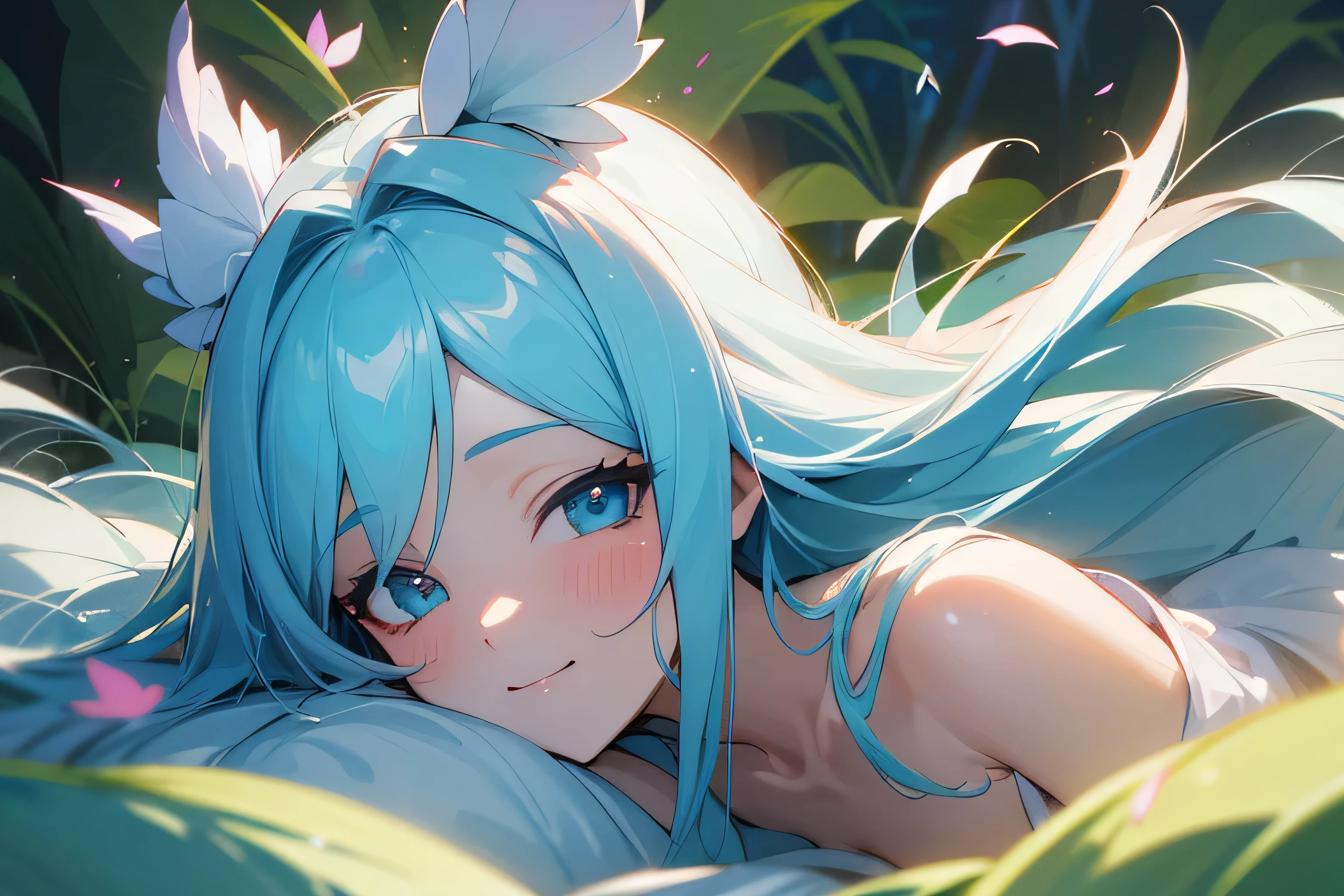 (melhor qualidade,high resolution:1.2),linda garota de cabelos pretos,lindamente amarrado em dois rabos de cavalo baixos,olhos azuis extremamente claros,adorable face,delicate features,charme de ,youthful appearance,happy expression,fundo do jardim,Lush vegetation,borboletas flutuantes,flores coloridas,felicidade e alegria,cores vivas,soft lighting