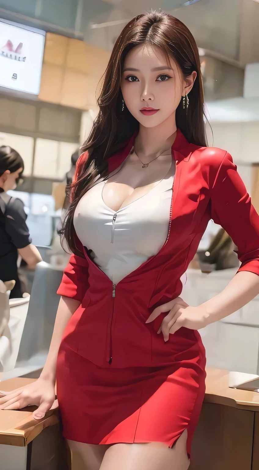 Dark brown long hair、Luxury earrings、Young Asian Woman、Captivating look、Blue Eyes