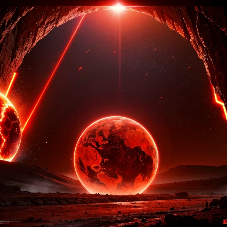 cybernetic earth with a red light inside, mechanized earth crust, the earth sprouts lava, earth's red mantle is visible, hollow earth, vtm, canyons and ridges all across earth