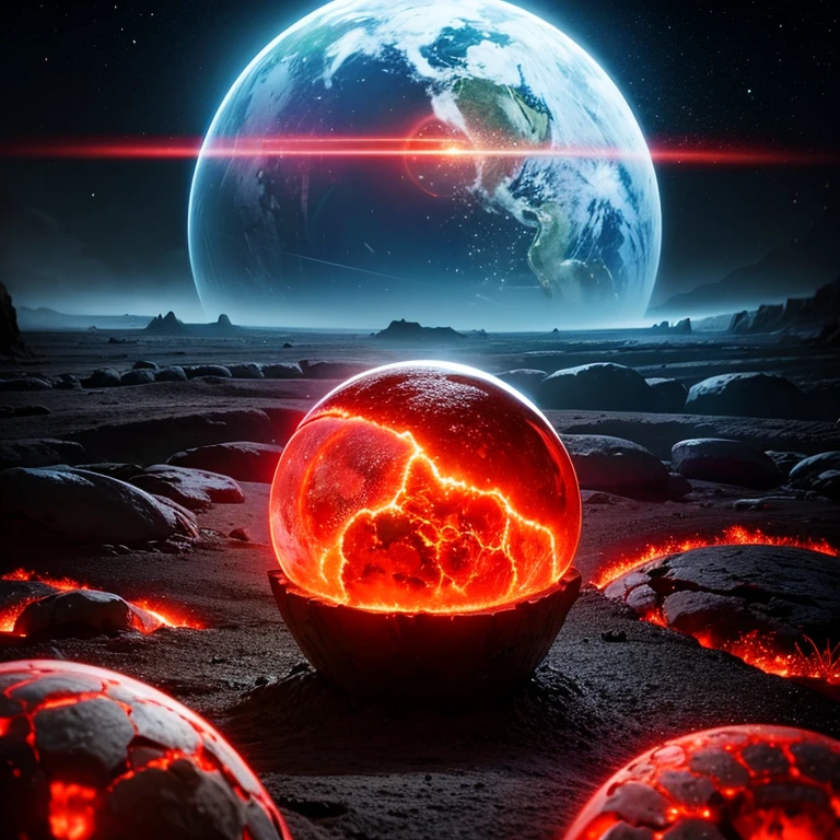 cybernetic earth with a red light inside, mechanized earth crust, the earth sprouts lava, earth's red mantle is visible, hollow earth, vtm, canyons and ridges all across earth
