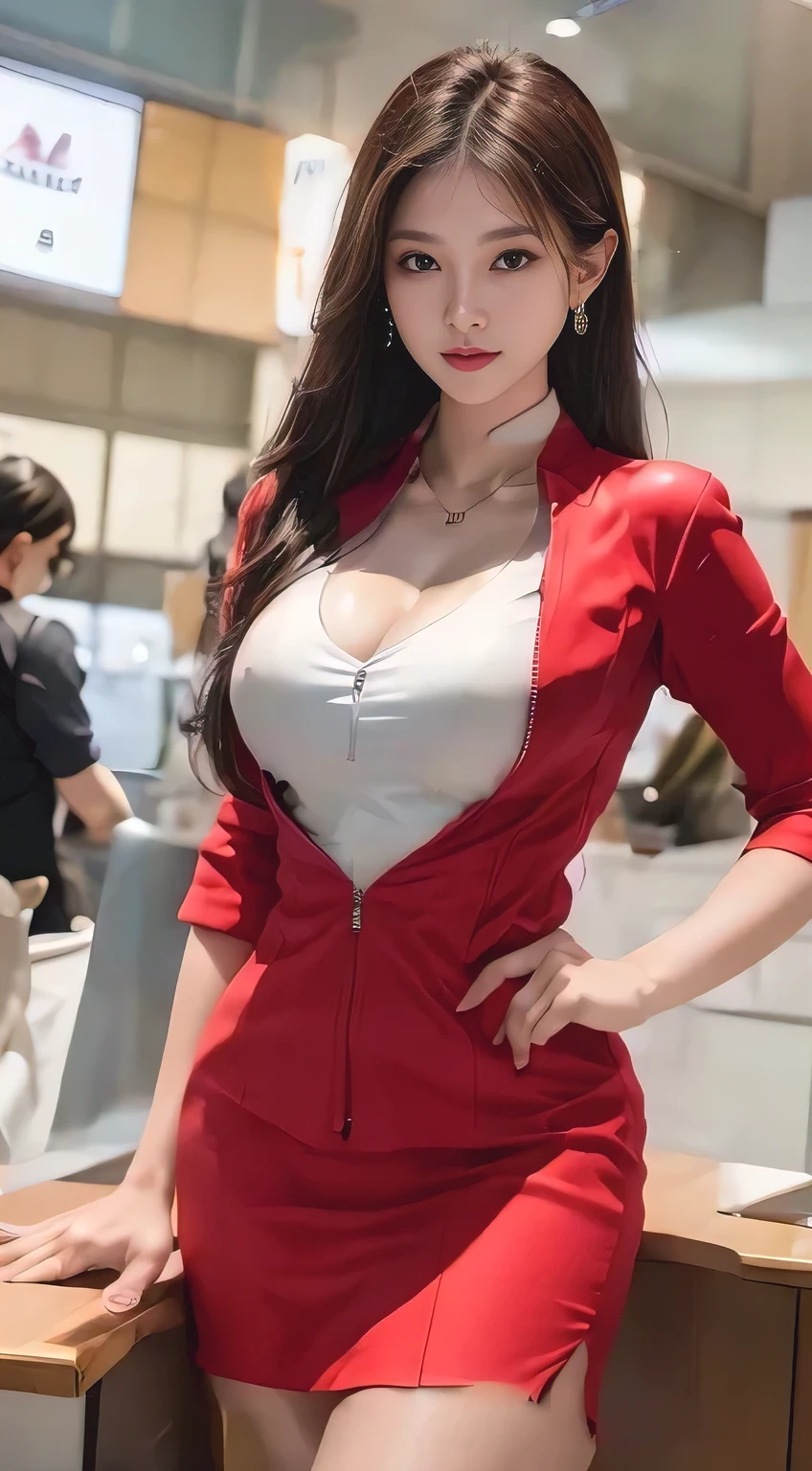Dark brown long hair、Luxury earrings、Young Asian Woman、Captivating look、Blue Eyes