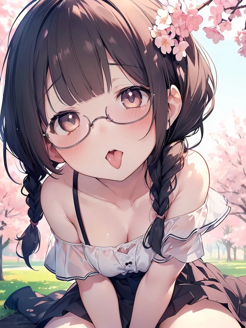 Very detailed, highest quality, High resolution, Moe Anime, ((A cute elementary school girl with black hair and droopy eyes)), ((Wearing large round glasses:1.4)), (Baby Face), Cute eyes, Detailed eye depiction, Sparkle in the eyes, View your viewers, Pale skin, (Big eyes:1.4, Droopy eyes:1.4, Fatty face:1.4), smile, Focus on the face, In the park with cherry blossoms falling, Sitting, (Extreme close up of tongue), (((From below))), Open your mouth, (((Face only:1.3))), ((White lace off-the-shoulder dress)), Bright Eyes, Light from the front, (Put your hands between your legs:1.4), large and long tongue, Cleavage, Braided hairstyle, Pink ribbon