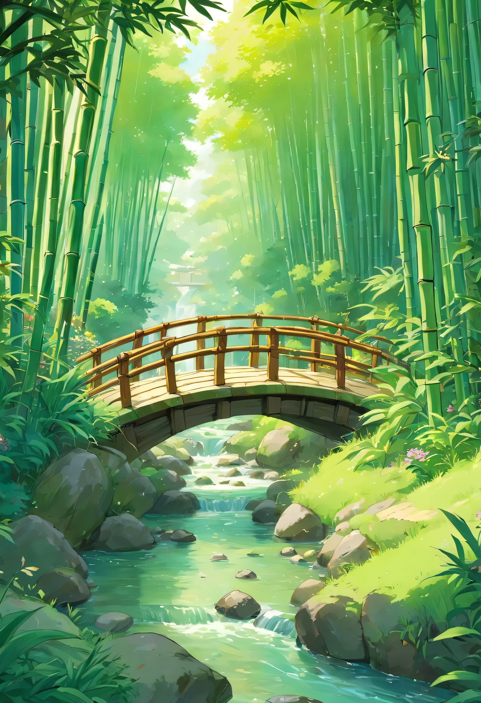 (best quality,highres,ultra-detailed),fine details,high resolution,bamboo forest,lush green grass,a flowing stream,treelined brook,a bamboo bridge crossing the stream,warm lighting,birds and rabbits.