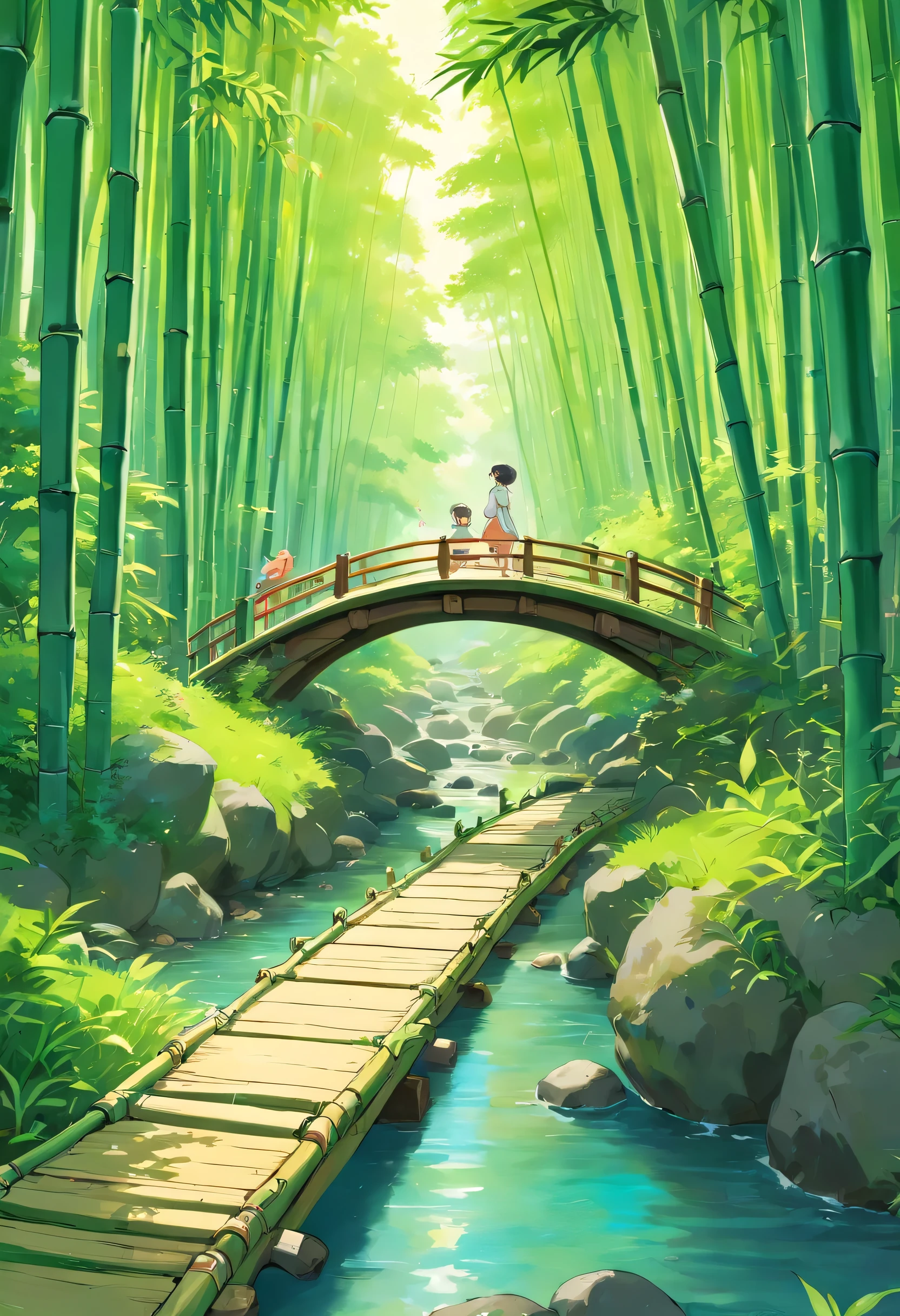 (best quality,highres,ultra-detailed),fine details,high resolution,bamboo forest,lush green grass,a flowing stream,treelined brook,a bamboo bridge crossing the stream,warm lighting,birds and rabbits.