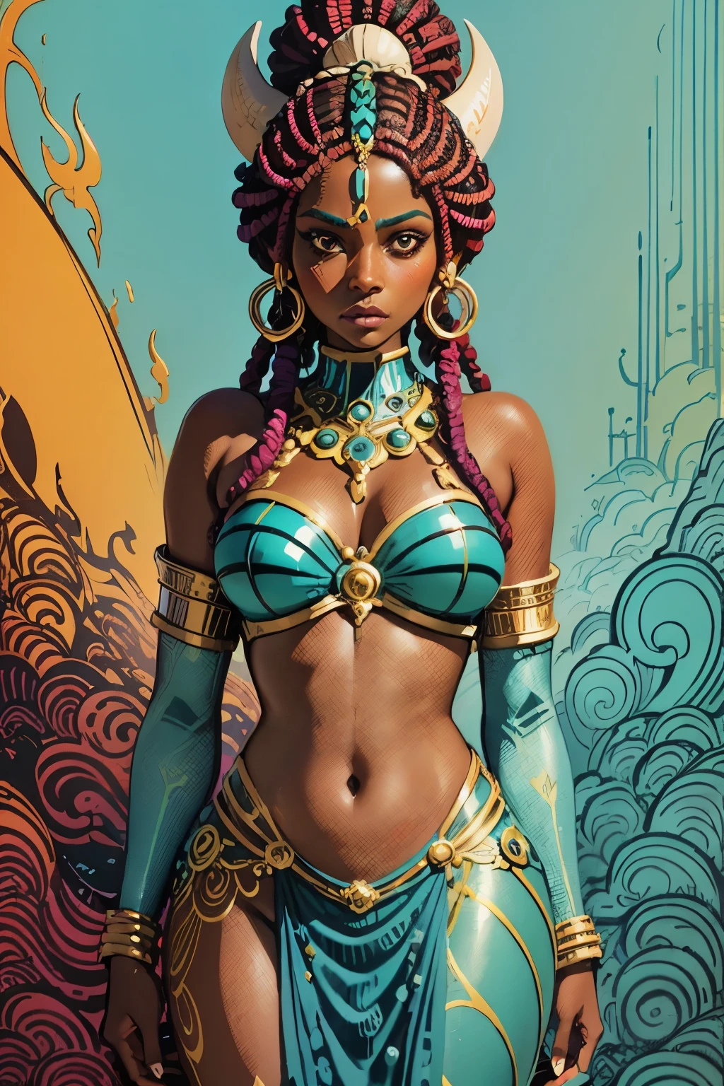 African goddess Yemanja, Coloring, The dominance of blue, Large of breast, perfect bodies, sketchbook, handpainted, darkly, bravery, realistic sketch, Rough sketch, A strong blend of dark colors and loose lines, Bold lines, Not paper, Turnover role table, half woman, Half-mermaid, full bodyesbian, African symbol, A symbol of water, Trash fish, dark themes, Beautiful, big breasts enchanting