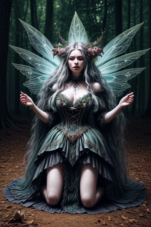 HighestQuali,tmasterpiece:1.2,Detailed details,Full body image of a beautiful forest witch in a decorative dress, Witch fashion, kneels on the ground,dynamicposes, fairy lights, Hyperrealistic, hyper-maximalist, insanely details, 4K