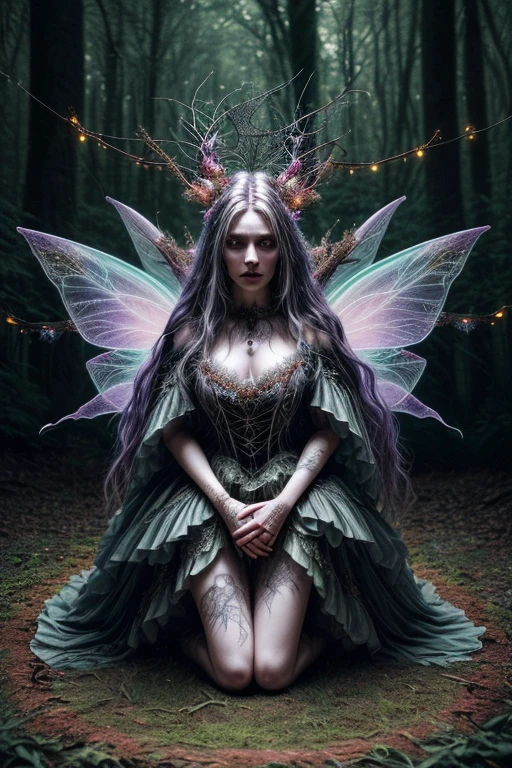 HighestQuali，tmasterpiece：1.2，Detailed details，Full body image of a beautiful forest witch in a decorative dress, Witch fashion, kneels on the ground，dynamicposes, fairy lights, Hyperrealistic, hyper-maximalist, insanely details, 4K