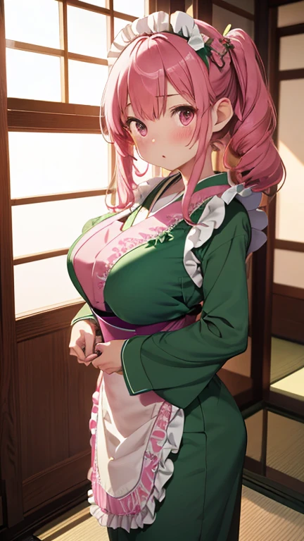 masterpiece、highest quality、Very detailed、Photograph the upper body、1 female、(Put your arms behind your back:1.4)、Are standing、Turn your body forward、View your viewers、(green Japanese kimono maid,apron)、break,blush、shy、Pink Hair、Open your mouth、Japanese Restaurant、Big Breasts、