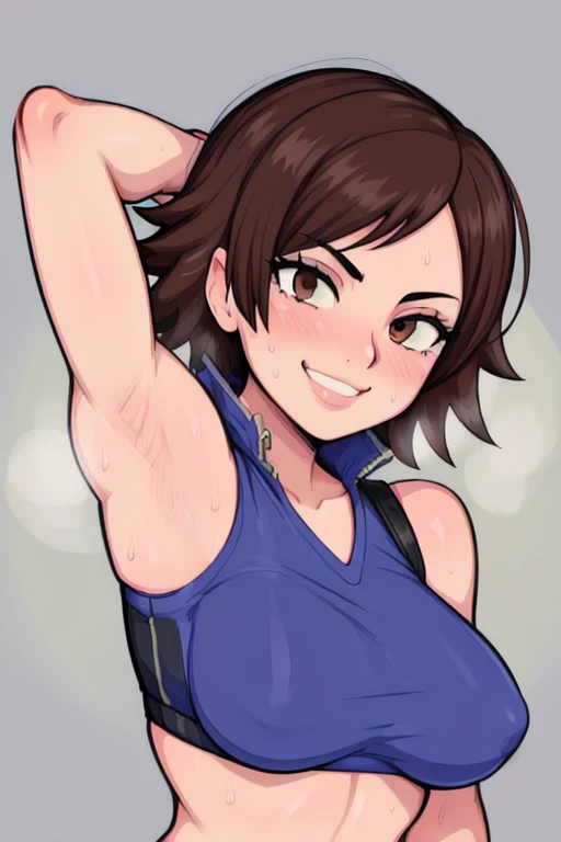 masterpiece, best quality, asuka kazama, looking at viewer, very large breasts, upper body, portrait, looking at viewer, seductive smile,put your hands behind your head, armpits, armpits visible, sweaty armpits,